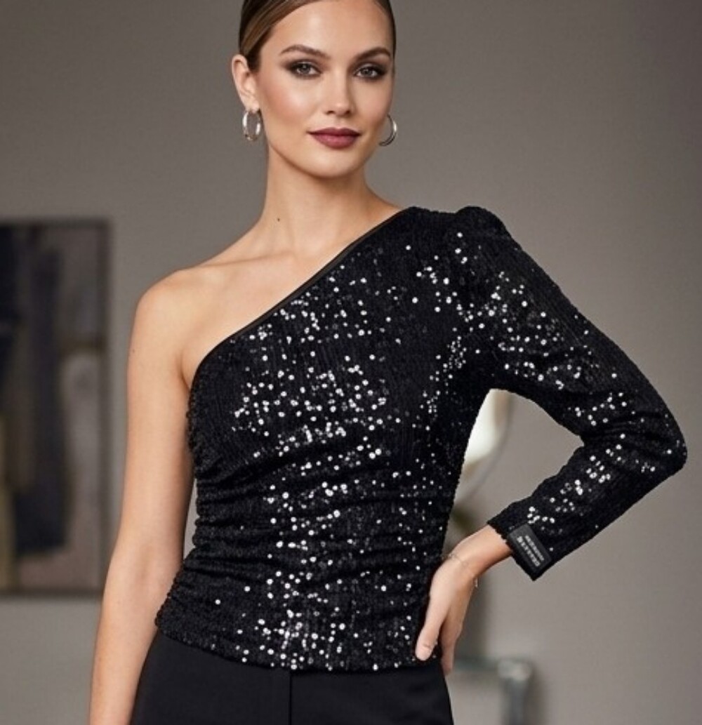 Reitmans Rock & Shine Black Sequin One-Shoulder Top - Size S
